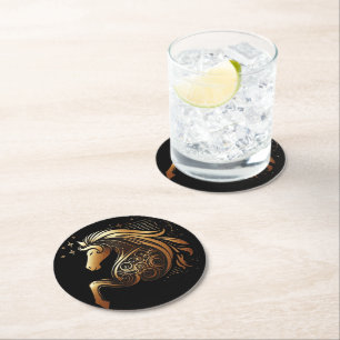 Capricorn Zodiac Gold Horse Astrology Round Paper Coaster