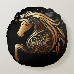 Capricorn Zodiac Gold Horse Astrology Round Pillow