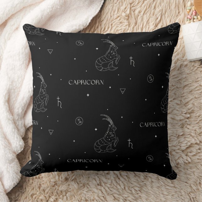 Capricorn Zodiac Pattern in Black and White Throw Pillow (Blanket)