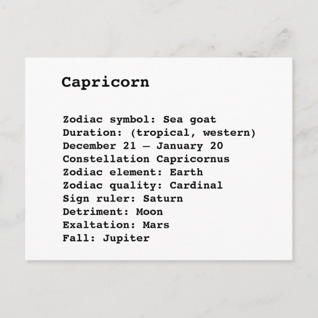 Capricorn Zodiac Sign Astrology birthday Postcard (Front)