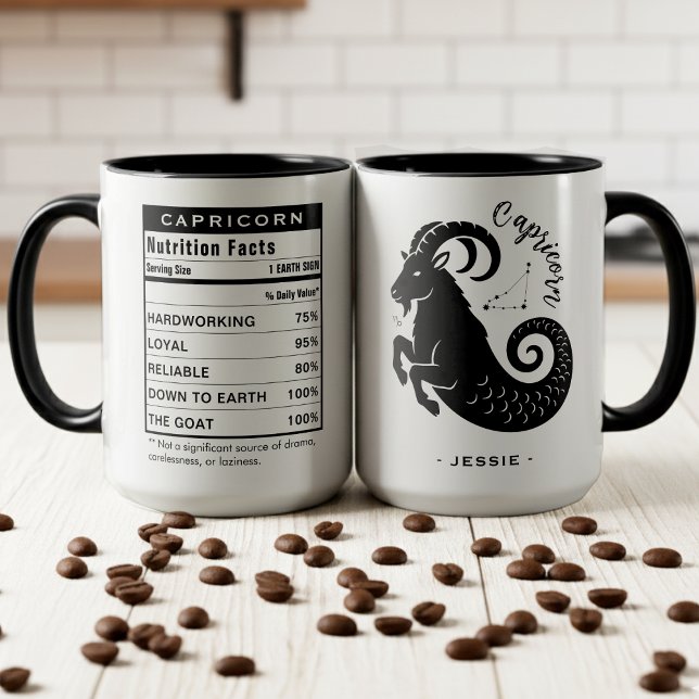 Capricorn Zodiac Sign Astrology Nutrition Facts Mug (Capricorn Zodiac Earth Sign Astrology Nutrition Facts Label Accent Mug)