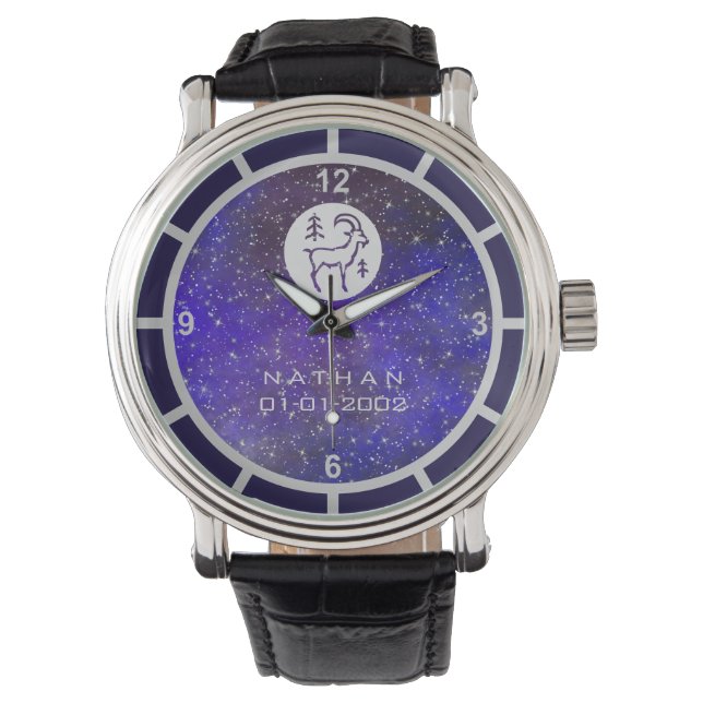  Capricorn Zodiac Sign Elegant Custom Name Blue Watch (Front)