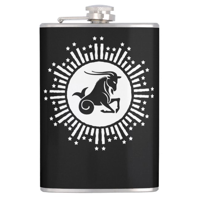 Capricorn Zodiac Sign Goat Cosmic Starburst Design Hip Flask (Front)