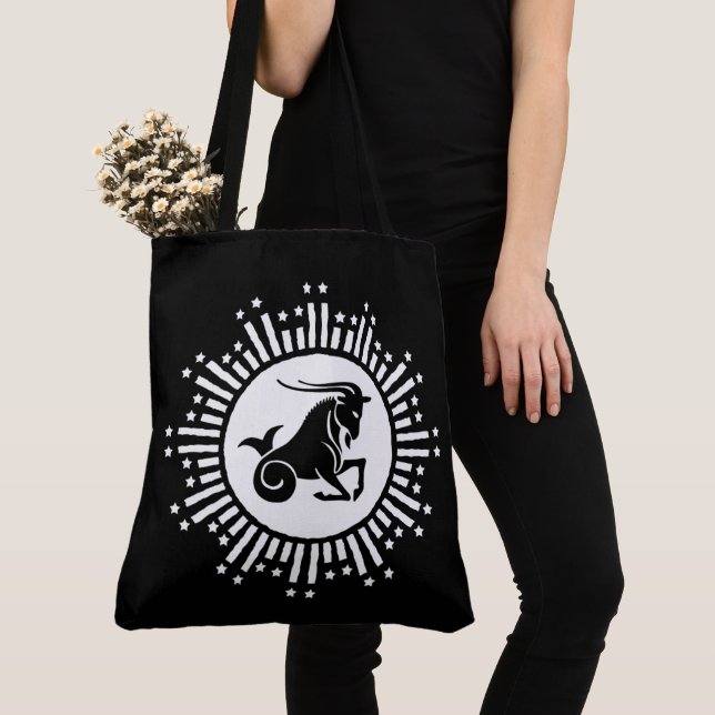 Capricorn Zodiac Sign Goat Cosmic Starburst Design Tote Bag (Close Up)
