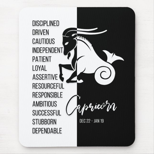 Capricorn Zodiac Sign Mousepad, Black & White Mouse Pad (Front)