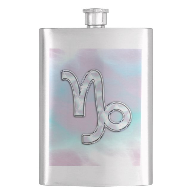 Capricorn Zodiac Sign on Mother of Pearl Style Hip Flask (Front)