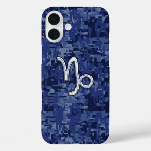 Capricorn Zodiac Sign on navy blue camo iPhone 16 Plus Case