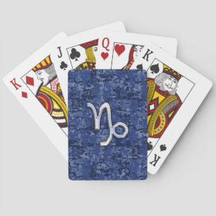 Capricorn Zodiac Sign on navy blue digital camo Playing Cards