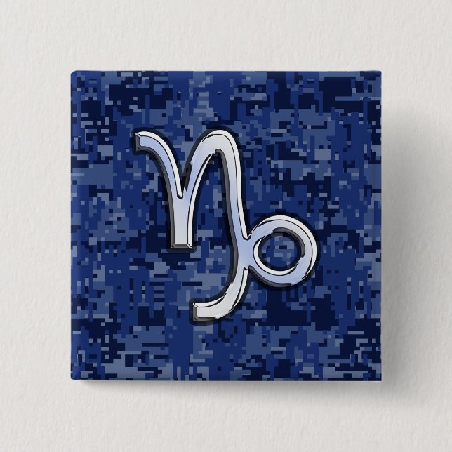 Capricorn Zodiac Sign on Navy Digital Camouflage 2 Inch Square Button (Front)