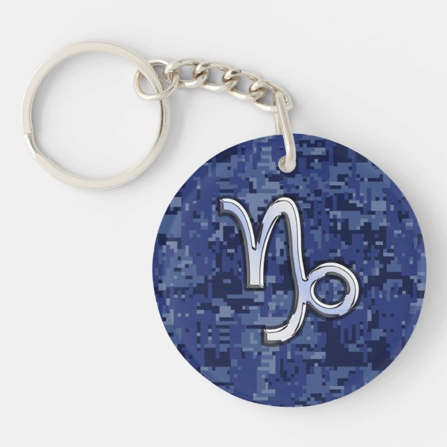 Capricorn Zodiac Sign on Navy Digital Camouflage Keychain (Front)