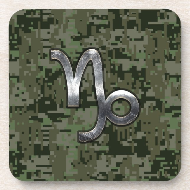 Capricorn Zodiac Sign on olive green digital camo Coaster (Front)