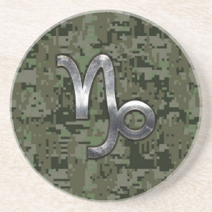 Capricorn Zodiac Sign on olive green digital camo Coaster