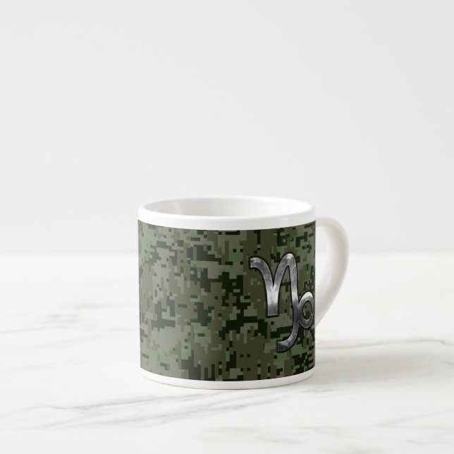 Capricorn Zodiac Sign on Woodland Digital Camo Espresso Cup (Front Right)