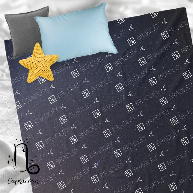 Capricorn Zodiac Sign Stars Moon Repeating Name  Fleece Blanket (Capricorn Zodiac Sign Symbol Personalized Repeating Name Seamless Pattern Starry Night Sky Moon 
)