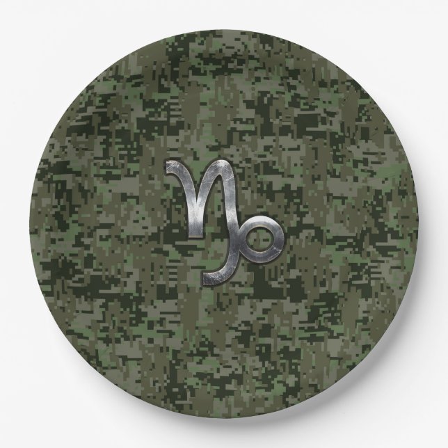Capricorn Zodiac Symbol Green Digital Camouflage Paper Plate (Front)