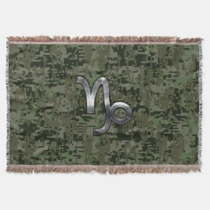 Capricorn Zodiac Symbol Green Digital Camouflage Throw Blanket