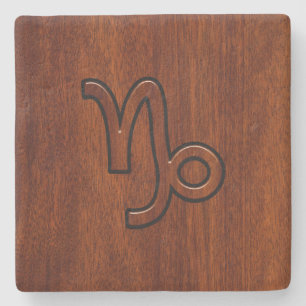 Capricorn Zodiac Symbol in Mahogany Style print Stone Coaster