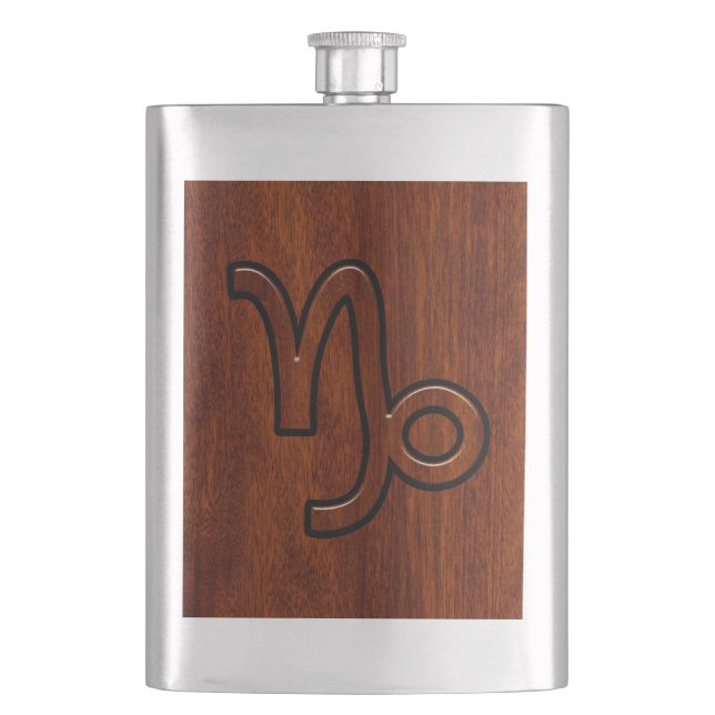 Capricorn Zodiac Symbol in Mahogany Wood Style Hip Flask (Front)