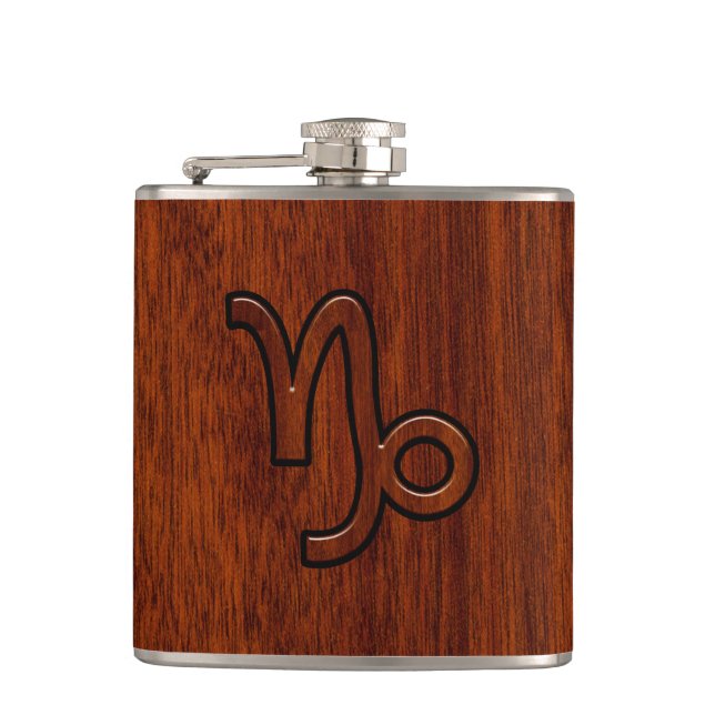 Capricorn Zodiac Symbol in Mahogany Wood Style Hip Flask (Front)