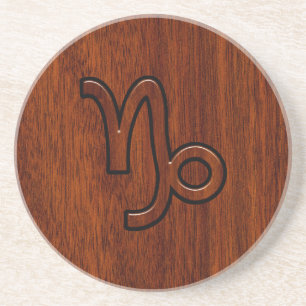 Capricorn Zodiac Symbol in Wood Grain Style Coaster