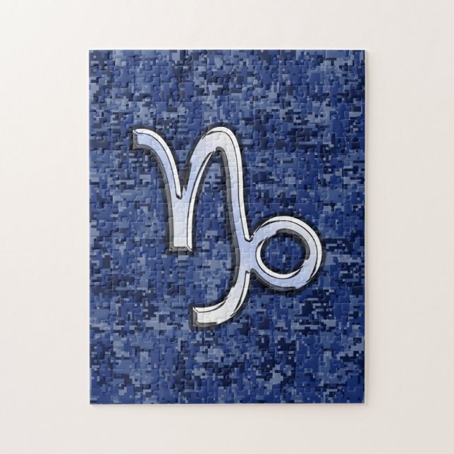 Capricorn Zodiac Symbol on Blue Digital Camo Jigsaw Puzzle (Vertical)