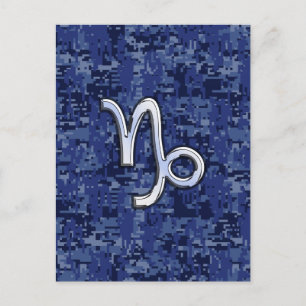 Capricorn Zodiac Symbol on Blue Digital Camo Postcard