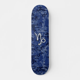 Capricorn Zodiac Symbol on Blue Digital Camo Skateboard