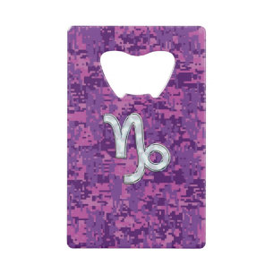 Capricorn Zodiac Symbol on Fuchsia Digital Camo Credit Card Bottle Opener