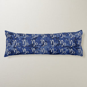 Capricorn Zodiac Symbol on navy blue digital camo Body Pillow