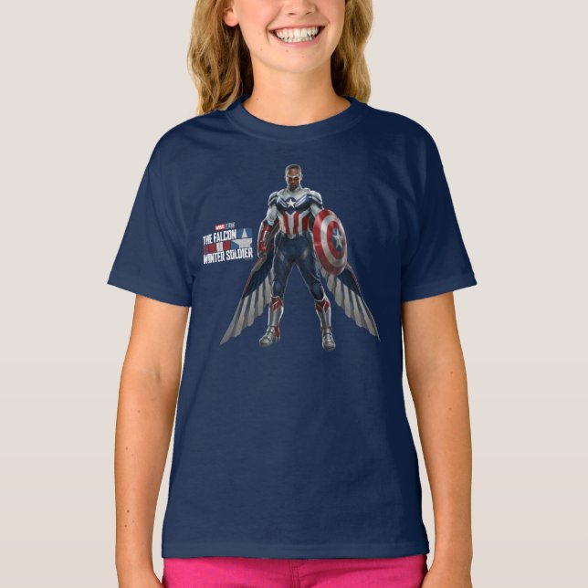 Captain America Holding Shield With Wings Down T-Shirt (Front)
