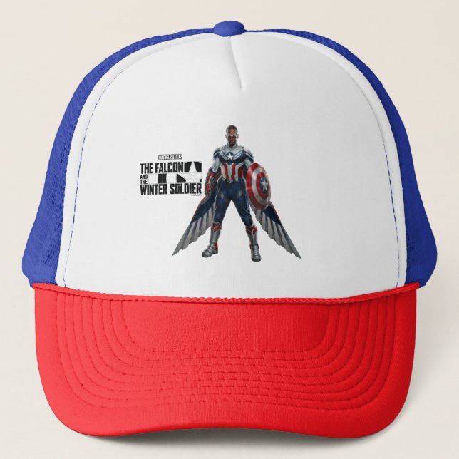 Captain America Holding Shiled With Wings Down Trucker Hat (Front)