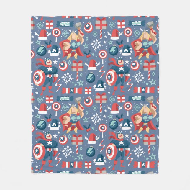 Captain America & Thor Holiday Gift Pattern Fleece Blanket (Front)