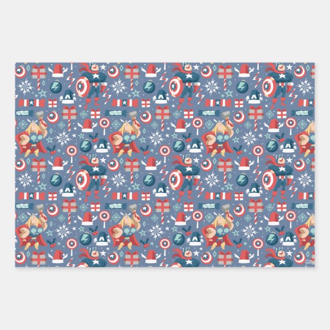 Captain America & Thor Holiday Gift Pattern Wrapping Paper Sheet (Front)