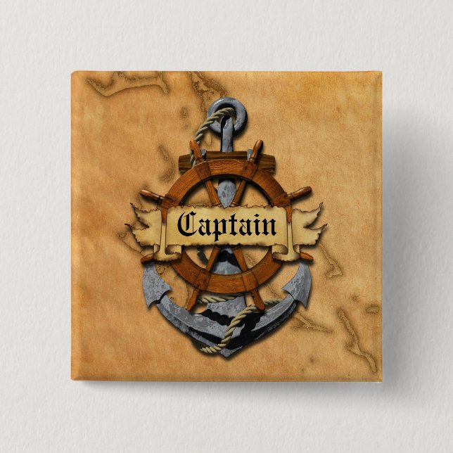 Captain Anchor And Wheel 2 Inch Square Button (Front)