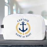 Captain Anchor Boat Name Gold Laurel Star Travel Dopp Kit<br><div class="desc">A personalized, nautical themed, cosmetics, grooming and toiletry kit bag to keep you travel items organized and safe. This design featuring a custom made boat anchor with gold coloured laurel leaves and a gold star with rich text reading "Captain" (or other desired rank/ title) and your name or boat name....</div>