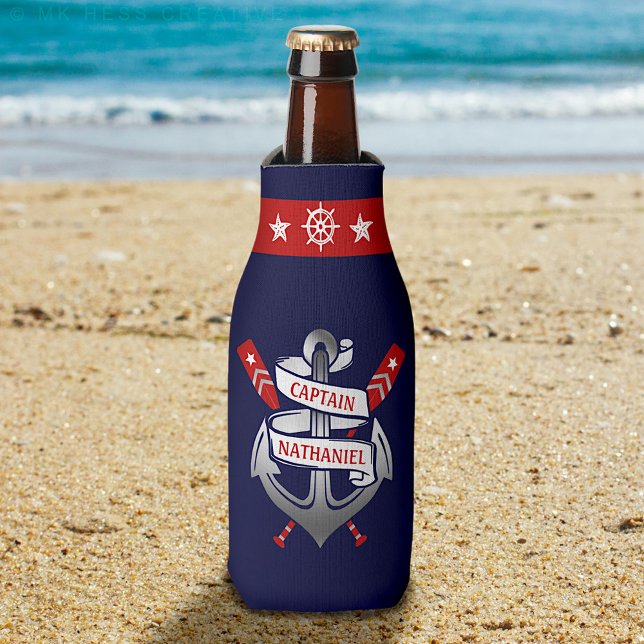Captain Anchor Nautical Oars Navy Blue Custom Name Bottle Cooler (Creator Uploaded)