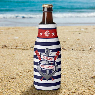 Captain Anchor Nautical Oars Stripes Personalized Bottle Cooler