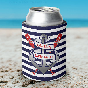 Captain Anchor Nautical Oars Stripes Personalized Can Cooler