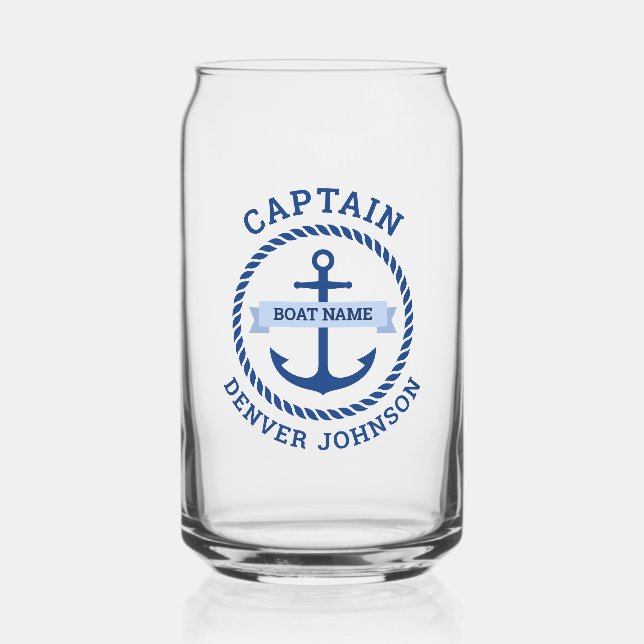Captain anchor rope border boat name on banner can glass (Front)