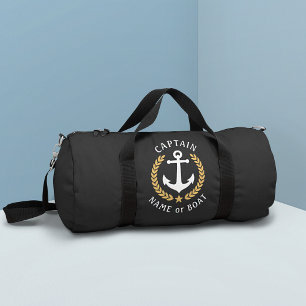 Captain Anchor Your Boat Name Gold Laurel Black Duffle Bag