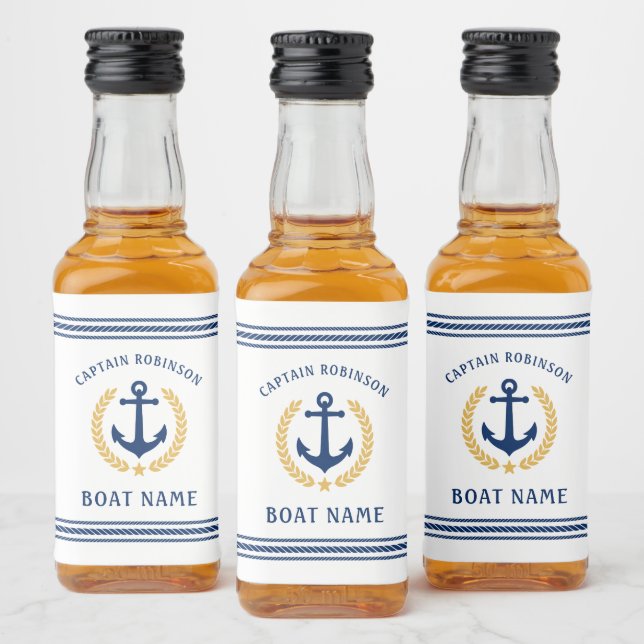 Captain And Boat Name Anchor Gold Laurel Mini Liquor Bottle Label (Bottles)