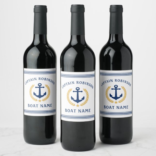 Captain And Boat Name Anchor Gold Style Laurel Wine Label (Bottles)