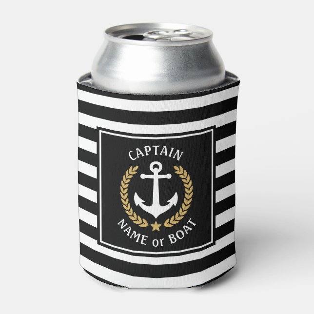 Captain Boat Name Anchor Gold Laurel Black Stripe Can Cooler (Can Front)