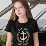 Captain Boat Name Anchor Gold Laurel Leaves Purple T-Shirt<br><div class="desc">A custom designed nautical boat anchor,  gold style laurel leaves and a gold star with Captain rank or other title and your personalized name or boat name on a girls purple t-shirt. Several other colours to choose from. Makes a great gift.</div>