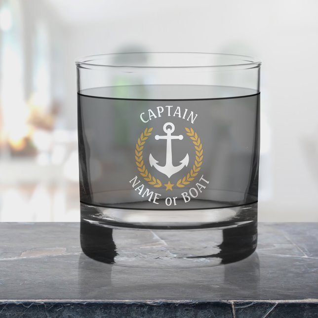 Captain Boat Name Anchor Gold Laurel Star Navy Whiskey Glass (Creator Uploaded)