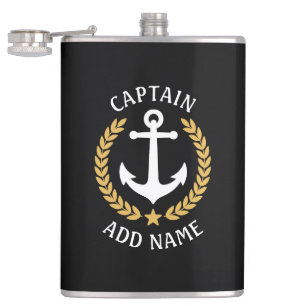 Captain Boat Name Anchor Gold Style Laurel Black Hip Flask