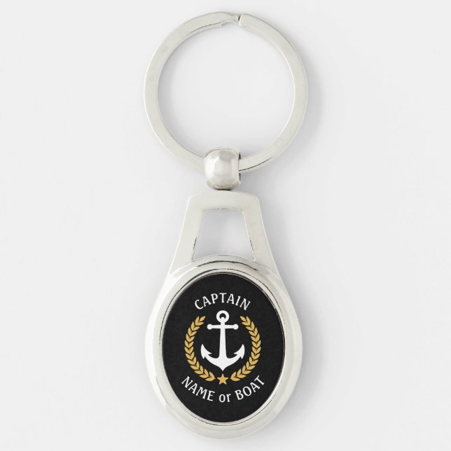 Captain Boat Name Anchor Gold Style Laurel Metal Keychain (Front)