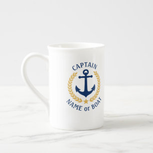 Captain Boat Name Anchor Gold Style Laurel Navy Bone China Mug