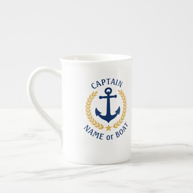 Captain Boat Name Anchor Gold Style Laurel Navy Bone China Mug (Left)