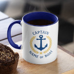 Captain Boat Name Anchor Gold Style Laurel Navy Mu Mug<br><div class="desc">A Personalized two tone coffee Mug with Captain rank or other title, your boat name, family name or other desired text. Featuring a custom designed nautical boat anchor, gold style laurel leaves and star emblem. Several accent colours to choose from to match your current decor. Makes a great gift for...</div>